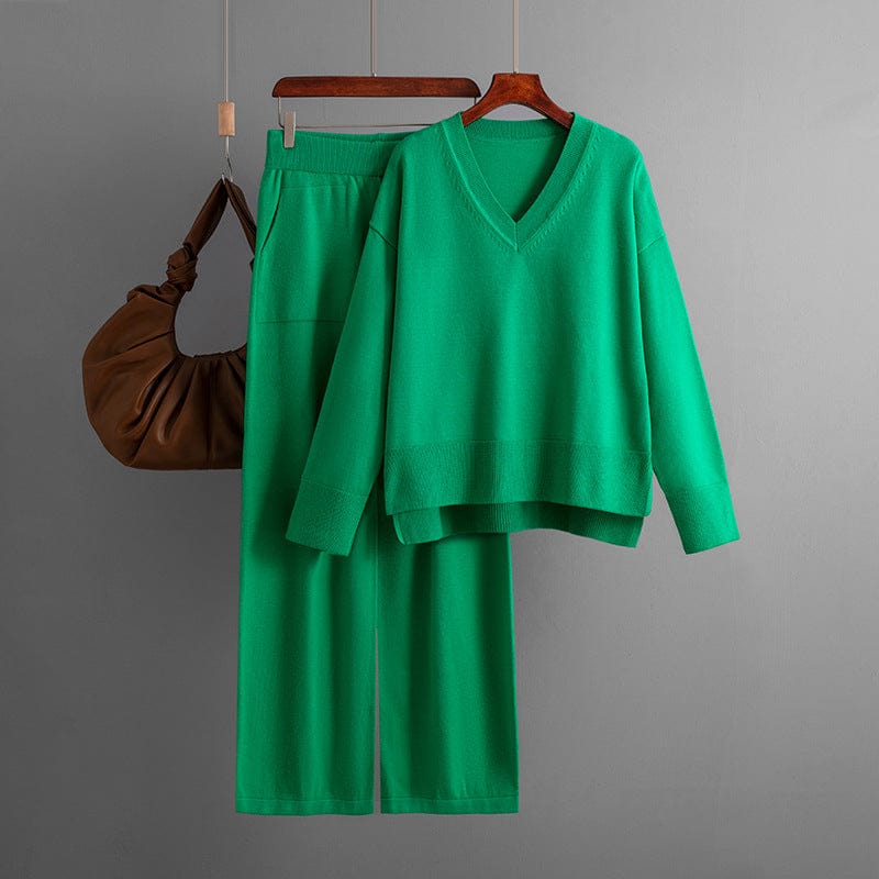 Free / green PDEP 2023 fashion women autumn and winter  new V-neck loose casual pullover knitted sweater and wide leg pants two piece set
