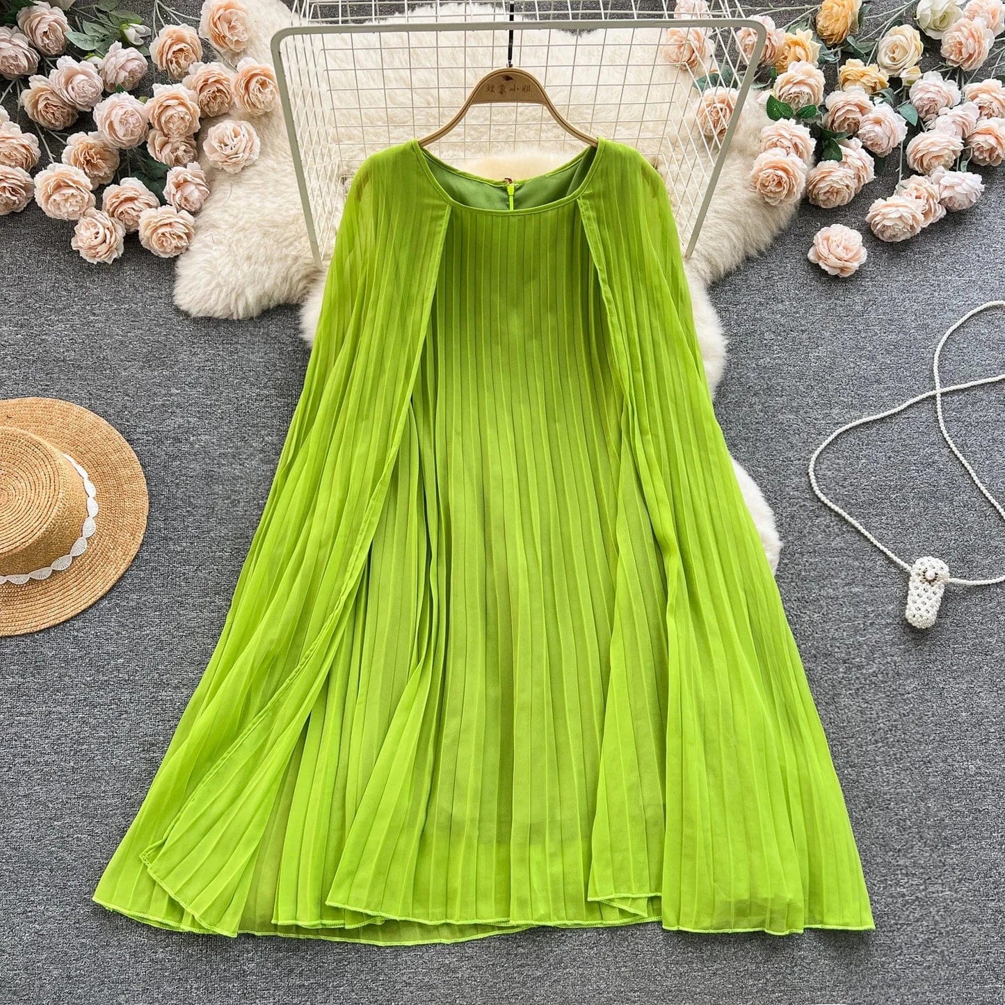 Free / green Peter Pan Collar Solid Pleated Dress Autumn Draped High Waist Midi Dress Ladies Elegant Dresses Clothes Women