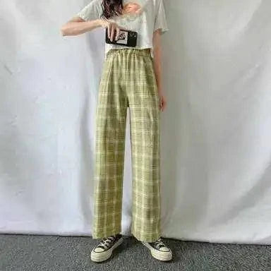 Free / green Plaid wide-leg Pants Woman Loose Slim Summer Slim Straight leg Casual High-waisted Plaid Harbor Style Pants
