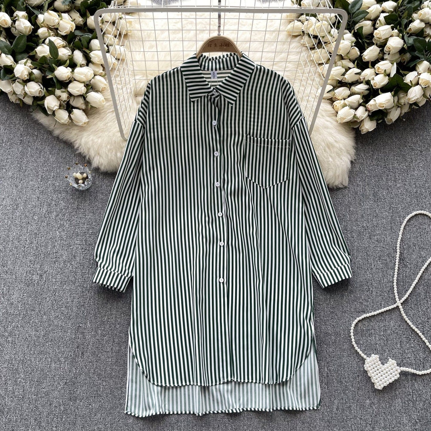 Free / green Simple high-end striped long shirt for women's spring and summer Polo neck long sleeved loose design top oversize shirt