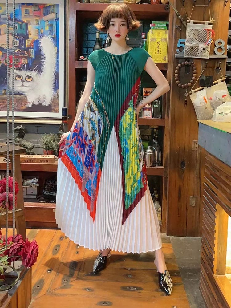 Free / green Spot Summer Loose Pleated Long Size Printing Loose Casual Dress