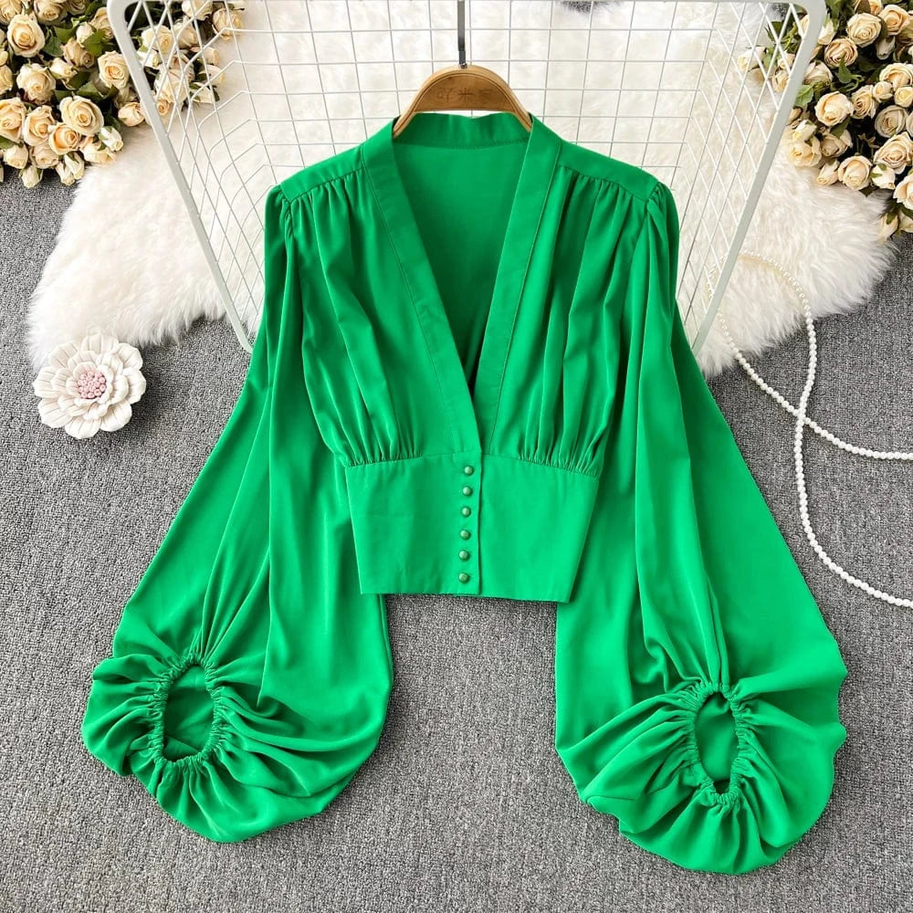 Free / green Spring and Autumn Fashion V-neck Lantern Long Sleeve Shirt Women High Waisted Pullover Short Slim Top