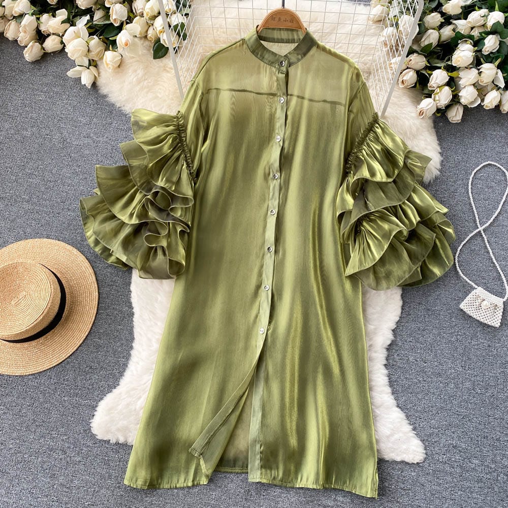 Free / green Spring New European And American French Lotus Leaf Sleeve Loose Shirt Casual Dress