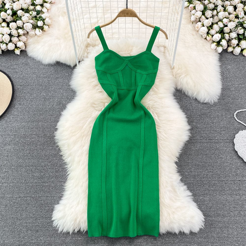 Free / green Summer Elegant Plain Color Chest Wrap Backless Willowy Knit Dress Women Casual Contrast Color Slim Party Dresses Ladies