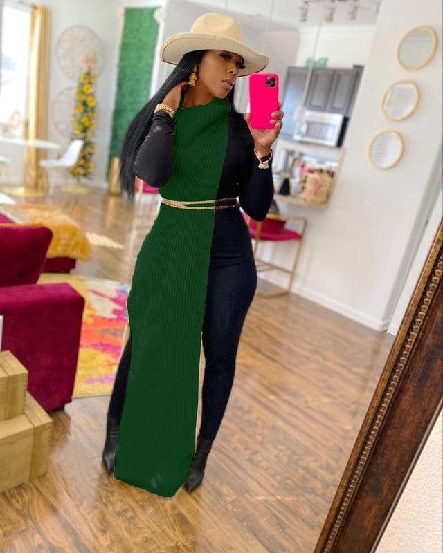 Free / Green Z59651 Wholesale Solid Color High Collar Both Sides Split Women Night Club sweater dress