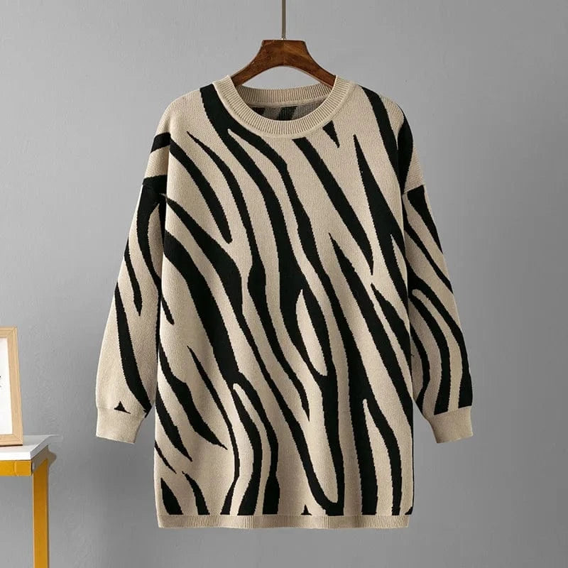 Free / Khaki 2023 Autumn And Winter New Zebra-print Fashion Knitted Pullover  Casual Round Neck Sweater