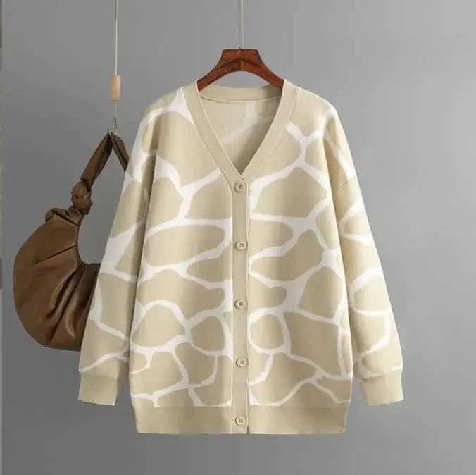 Free / Khaki 2024 Best-Selling Women Autumn and Winter Line Pattern Cardigan Single Breasted V-neck Long Sleeve Casual Loose Knitted Coat