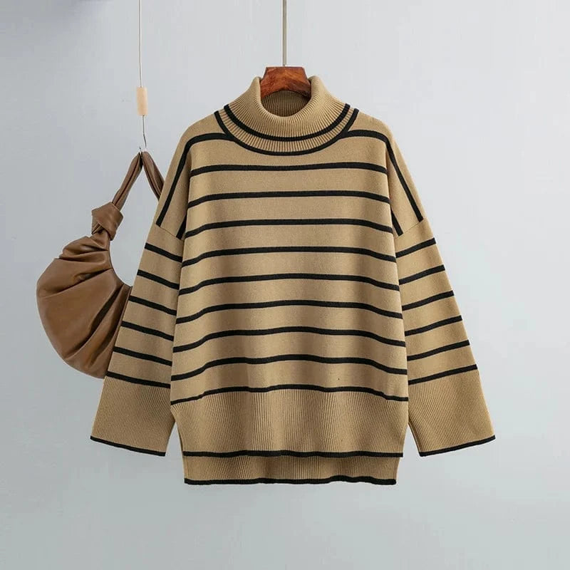 Free / Khaki 2024 Hot Sale Women Sweater Autumn Winter High-neck Knit Pullover Loose Long Sleeve Knitwear Striped Casual Sweater