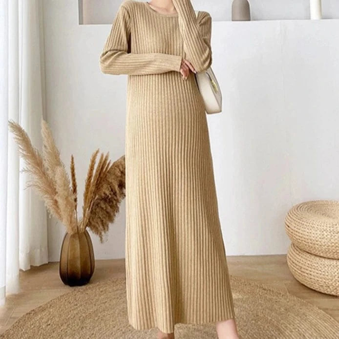 Free / Khaki Autumn And Winter New Loose Korean Version Long Sleeved Knitted High Quality Free Size Maxi Dress