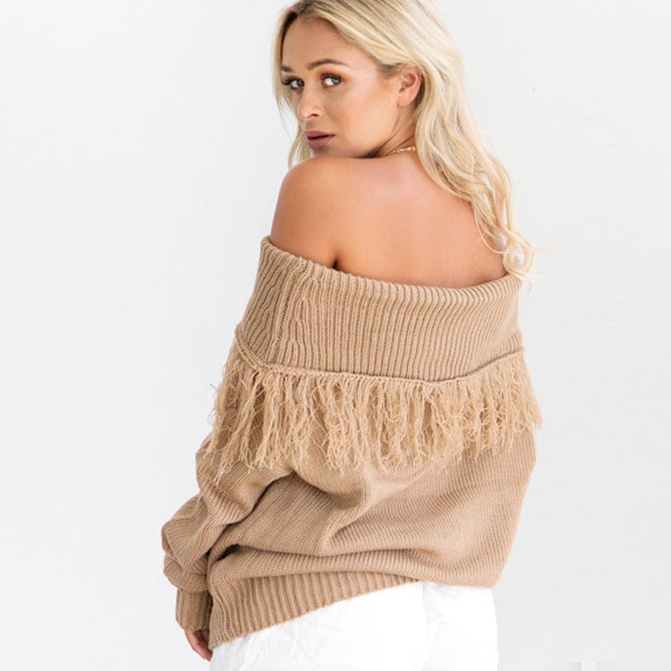 Free / Khaki Autumn New Design Off Shoulder Sexy Ladies Casual Tassel Sweater