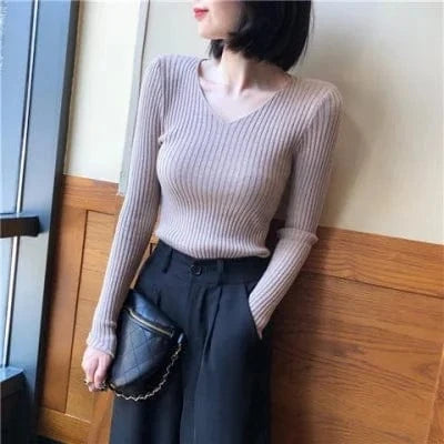 Free / Khaki Autumn Winter Women's Long Sleeve V-neck Sweater Korean Version Slim-fit V-neck Pullover Sweater