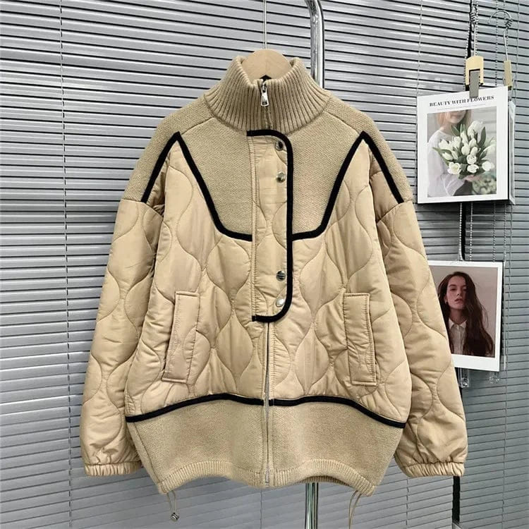 Free / Khaki Fashion Stand Collar Zipper Patchwork Knitted Sweater Women Quilted Spliced Cotton Padded Coat