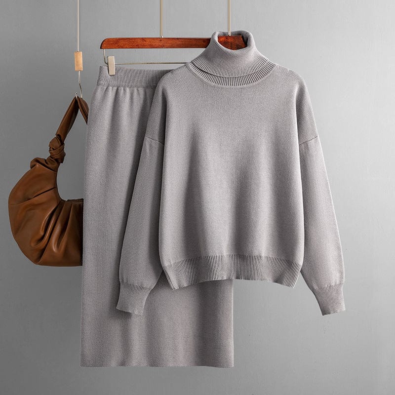 Free / Khaki Fashion Two Piece Set Autumn And Winter New Knitted Set For Ladies Outer Wear High Collar Sweater Skirt Set Female Wholesale