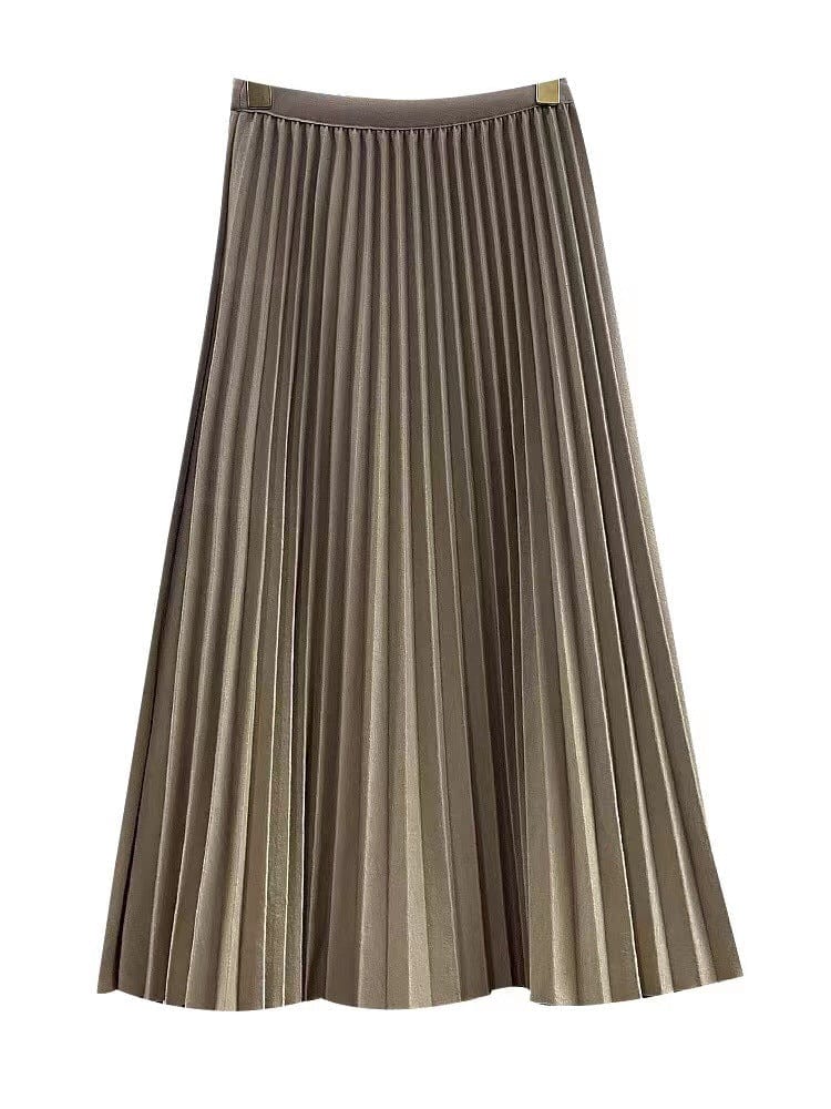 Free / Khaki Fashion Women Elastic Waist Long Pleated Skirt Soild Colour Casual Skirts