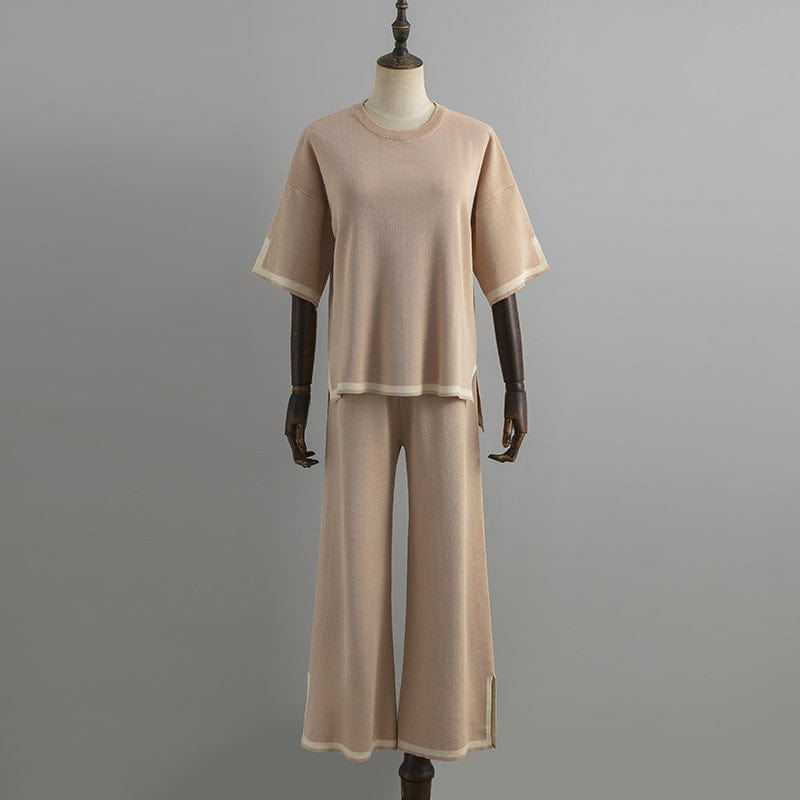 Free / Khaki GX3204 Good Quality 2023 Women's Knit Outfit Spring Summer Casual Short Sleeve Loose Tops and Wide-leg Pants 2 Piece Set