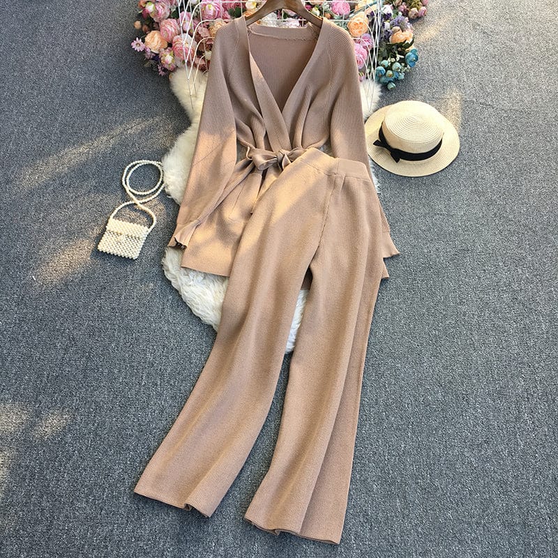 Free / Khaki GX7188A Fashion causal knit clothing vendor leisure suits women long sleeve shirt and wide leg pant matching suits 2 piece sets