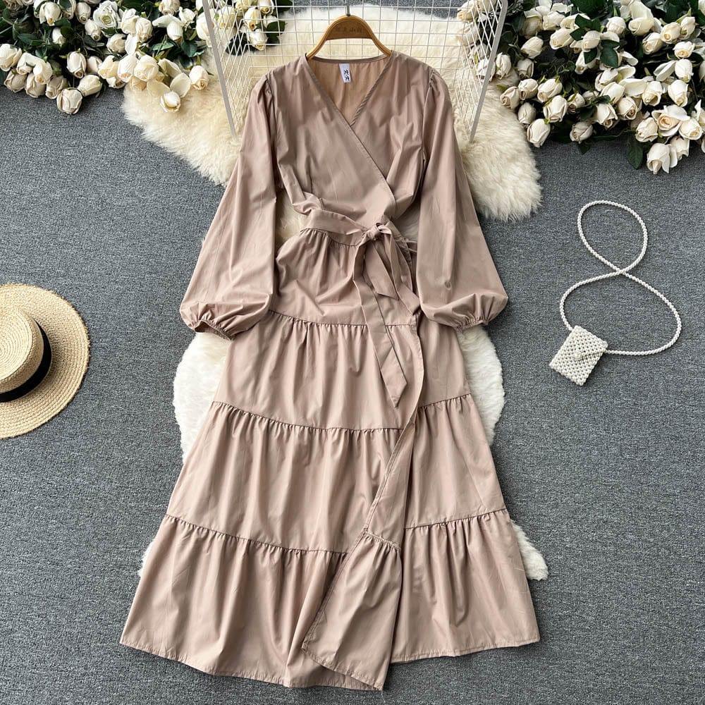 Free / Khaki New Arrivals Wholesale Custom Women V-Neck Ruffle Tiered Pleated Long Maxi Casual Dress