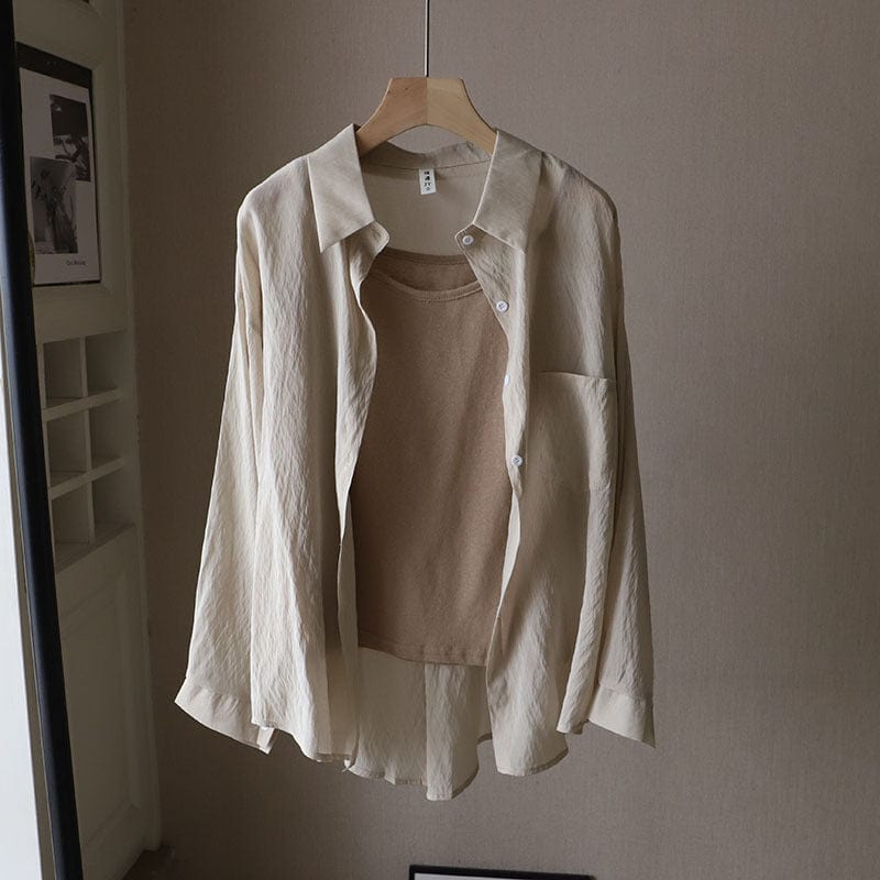 Free / Khaki Office Smart Plain White Button up Shirt for Ladies