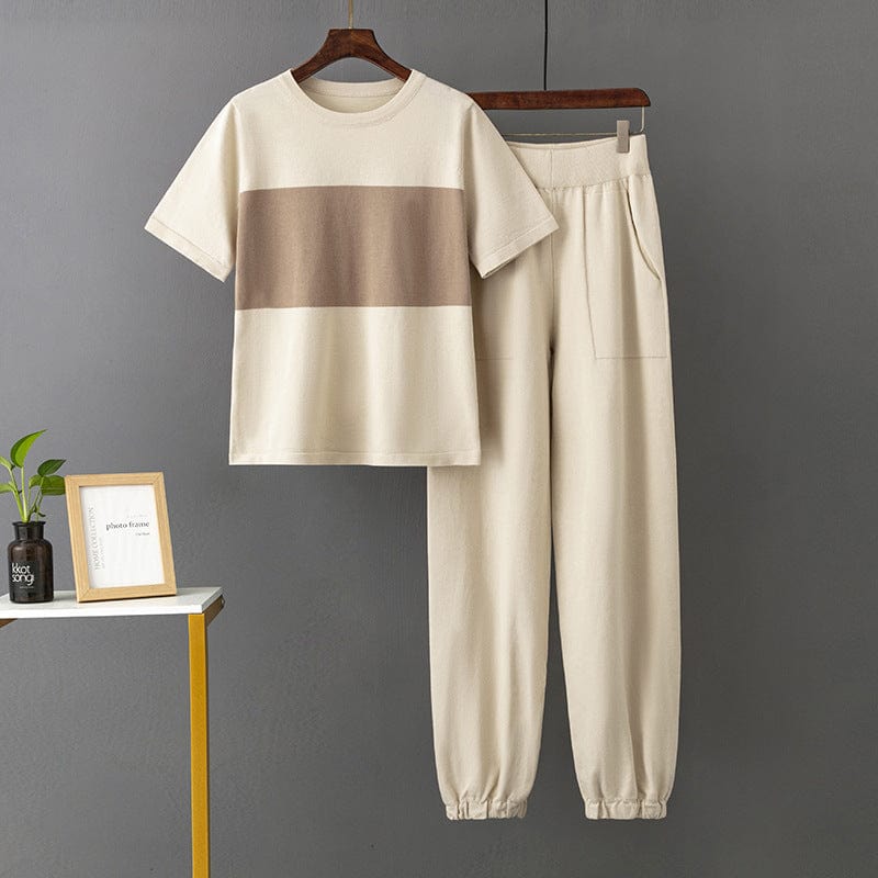 Free / Khaki One Size Fashionable Casual Set New Summer Ice Silk Knitted Loose Short Sleeve Two Piece Set