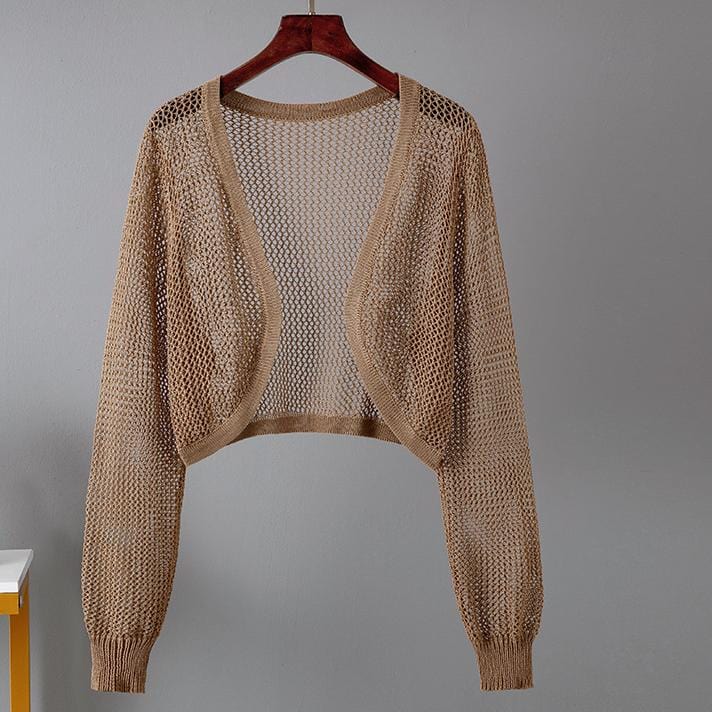 Free / Khaki One size fits all Lantern sleeve knitted shawl Summer Thin Loose Air Conditioned Shirt Cover with Hollow Small Sweetheart