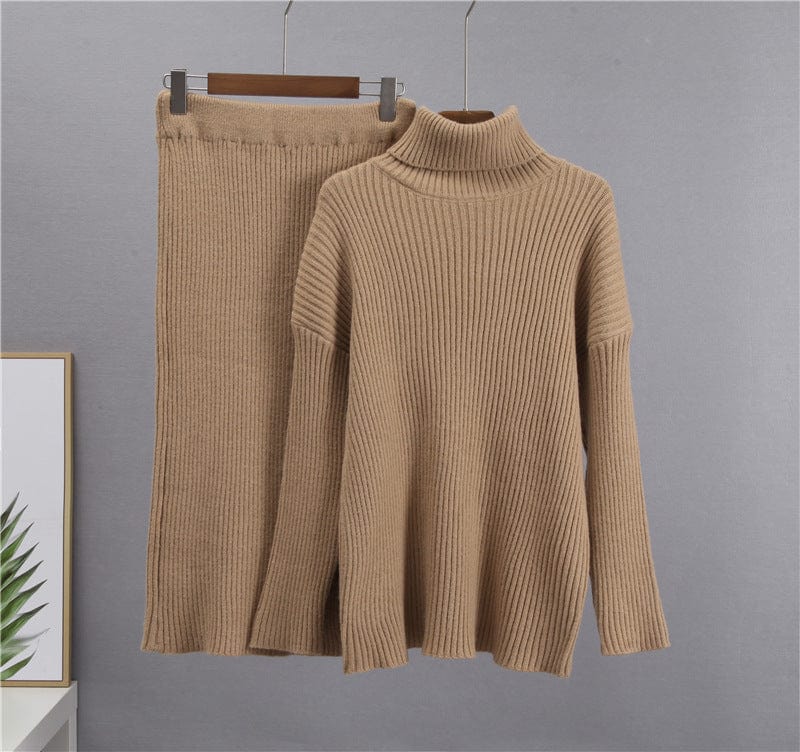 Free / Khaki One size pit stripe skirt high neck sweater set for women loose fitting warm pullover sweater two-piece set