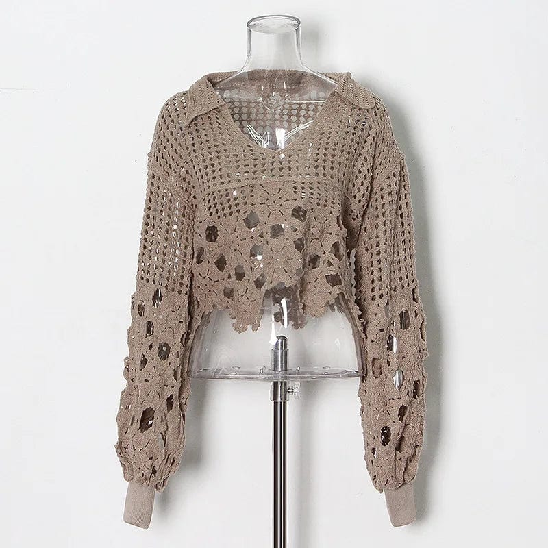Free / Khaki OUDINA Personalized Hollow Knitted Top 2023 New Fashion European And American Design V-neck Crop Shirt Women