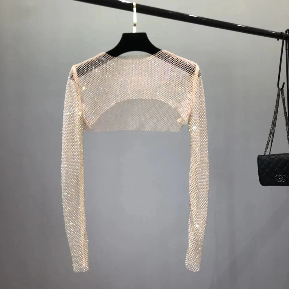 Free / Khaki / Polyamide W-S1141A Women Colorful Rhinestones Long Sleeve Crop Top Glitter Drill Shawls Shrug See Through Fishnet Cover Up Clubwear