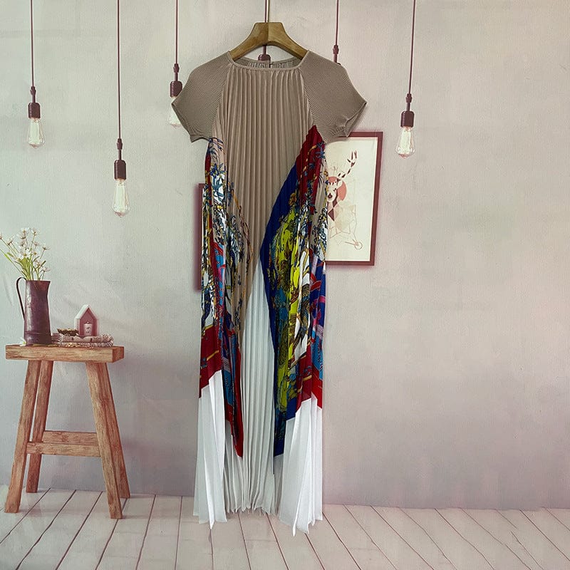 Free / Khaki Spot Summer Loose Pleated Long Size Printing Loose Casual Dress