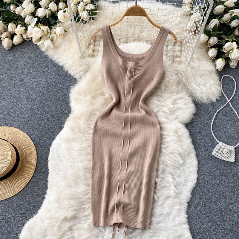 Free / Khaki Summer Sexy V Neck Backless Thin Elastic Rib-Knit Drawstring Wrap Vest Dress Women Casual Chic Slim Bodycon Dresses Ladies