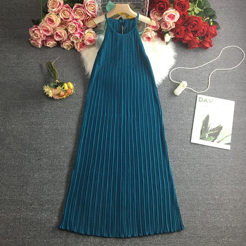 Free / Lake Blue Coldker Holiday Beach Sleeveless Halter Dress Multicolor Pleated Design High Waist A Line Vestido Sexy O Neck Pullover Ropa