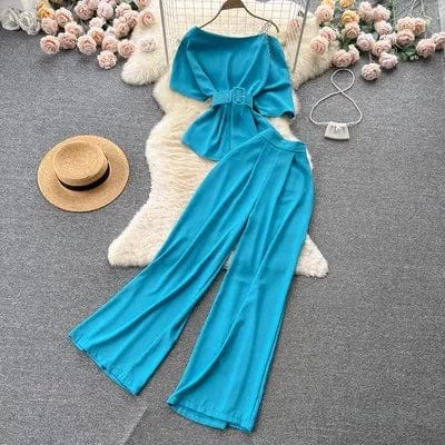Free / lake Blue Ons size Mature Girl Royal Sister Set Summer New One Shoulder Off Shoulder Top Versatile Wide Leg Pants Two Piece Set