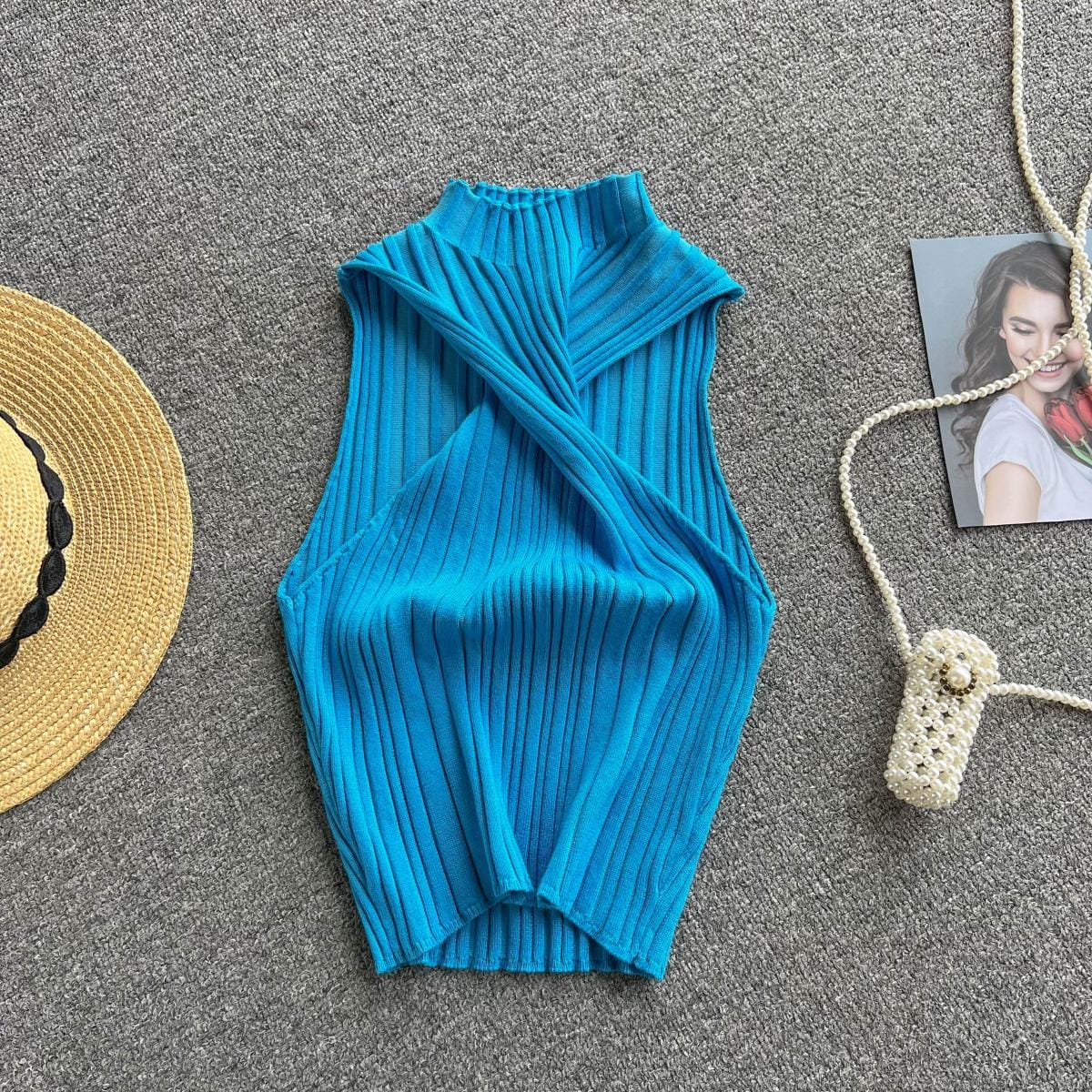 Free / Lake Blue Sleeveless Top Relaxed Fit Slightly Banded Bottom Knit Vest