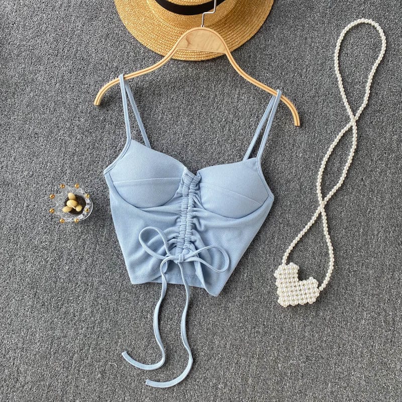 Free / Light Blue Amazon Hot Hale 15 Colors Women Summer Solid Spaghetti Strap Boob Tube Tank Top Ladies Drawstring Crop Tops