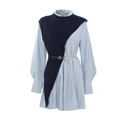Free / Light Blue Fall fashion ladies two piece set women clothing dress irregular knit vest waistcoat long sleeve pleated shirt dress