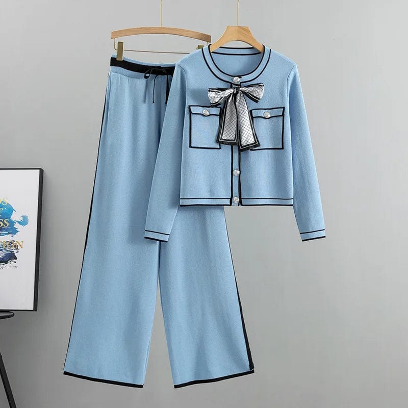 Free / Light Blue One size  Fashion Set Temperament knitted single breasted long sleeved cardigan Lace up wide leg casual pants 2-piece set
