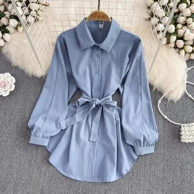 Free / Light Blue One size  Spring new mid length collection waist shirt retro lapel long sleeved top
