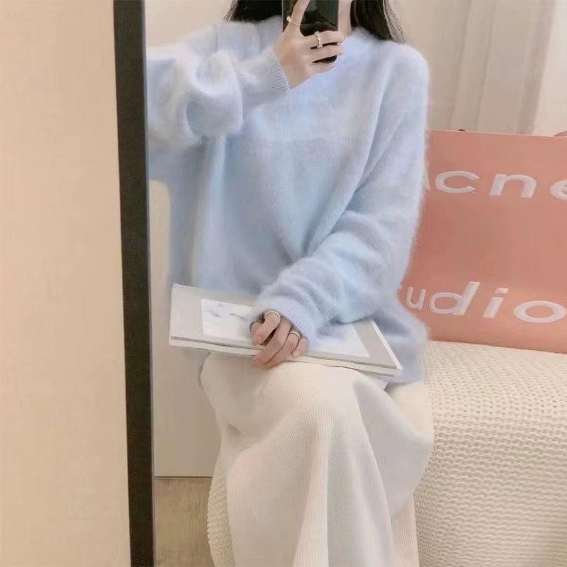 Free / Light Blue PDEP round neck pullover with imitation mink fur sweater women's loose Korean lazy mohair  knitted sweater women