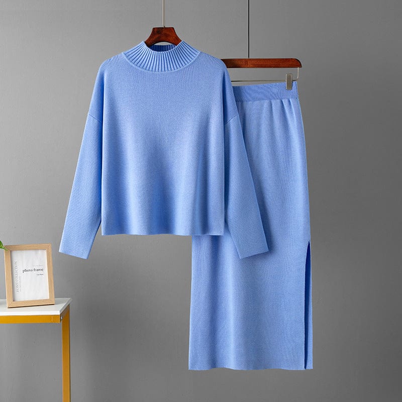 Free / Light Blue PDEP Women's 2023 Autumn New Casual Loose Fashion Long knitted sweater skirt and top Two Piece Set Wholesale top quality Sweater