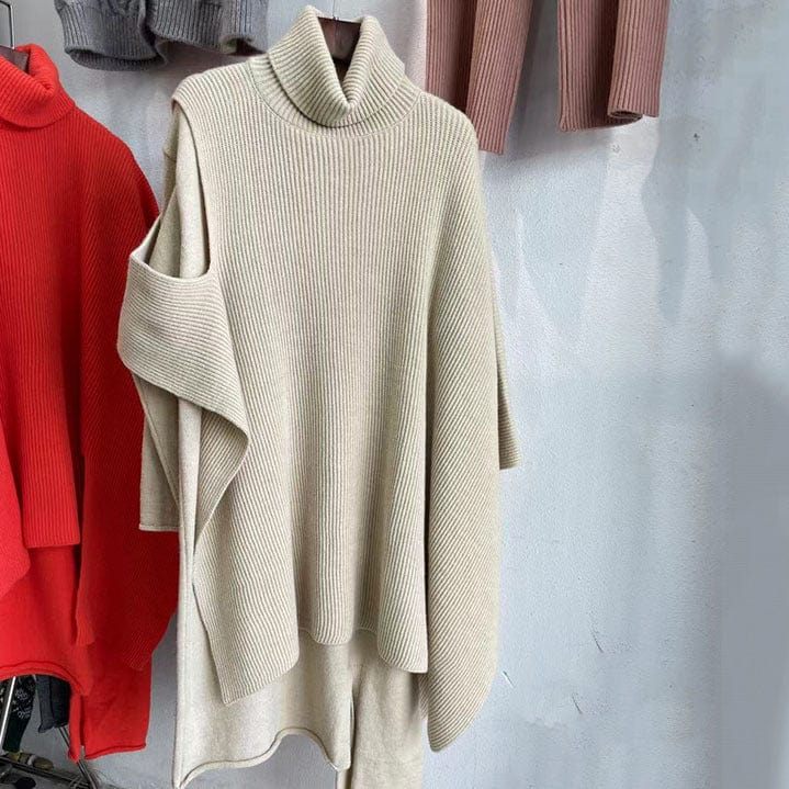 Free / light camel Fall ladies knitwear elegant turtleneck poncho 2 piece dress set vintage long sleeve ribbed knit sweater dress women clothing