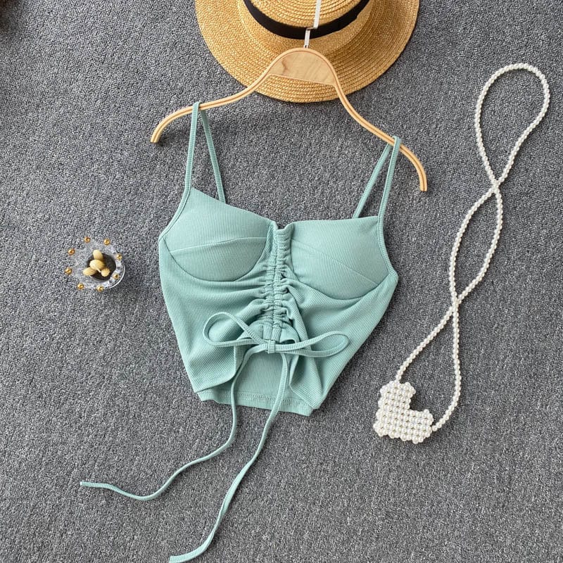 Free / Light green Amazon Hot Hale 15 Colors Women Summer Solid Spaghetti Strap Boob Tube Tank Top Ladies Drawstring Crop Tops