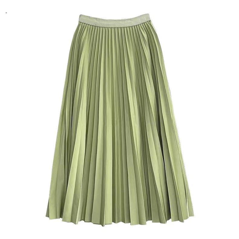 Free / Light green Fashion Women Elastic Waist Long Pleated Skirt Soild Colour Casual Skirts