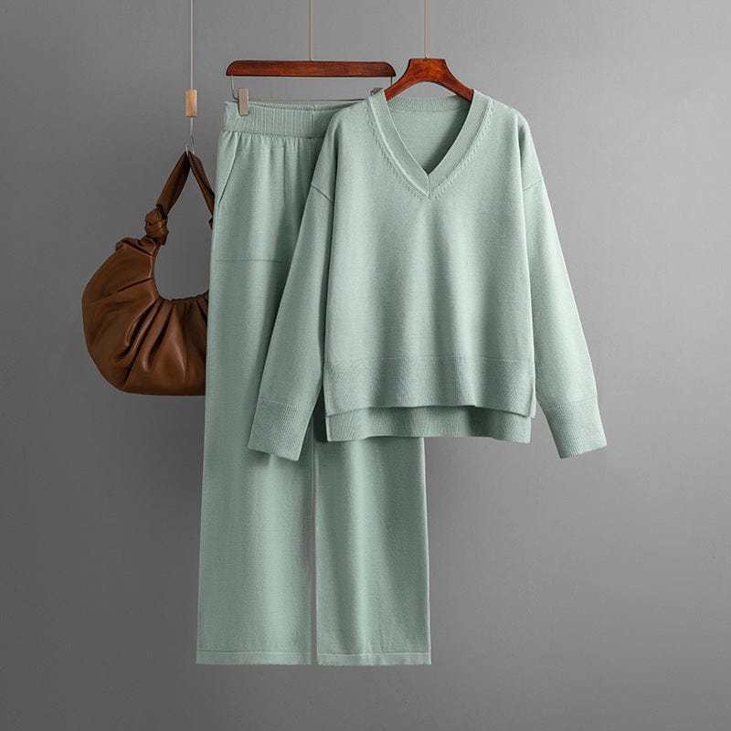 Free / Light green PDEP 2023 fashion women autumn and winter  new V-neck loose casual pullover knitted sweater and wide leg pants two piece set