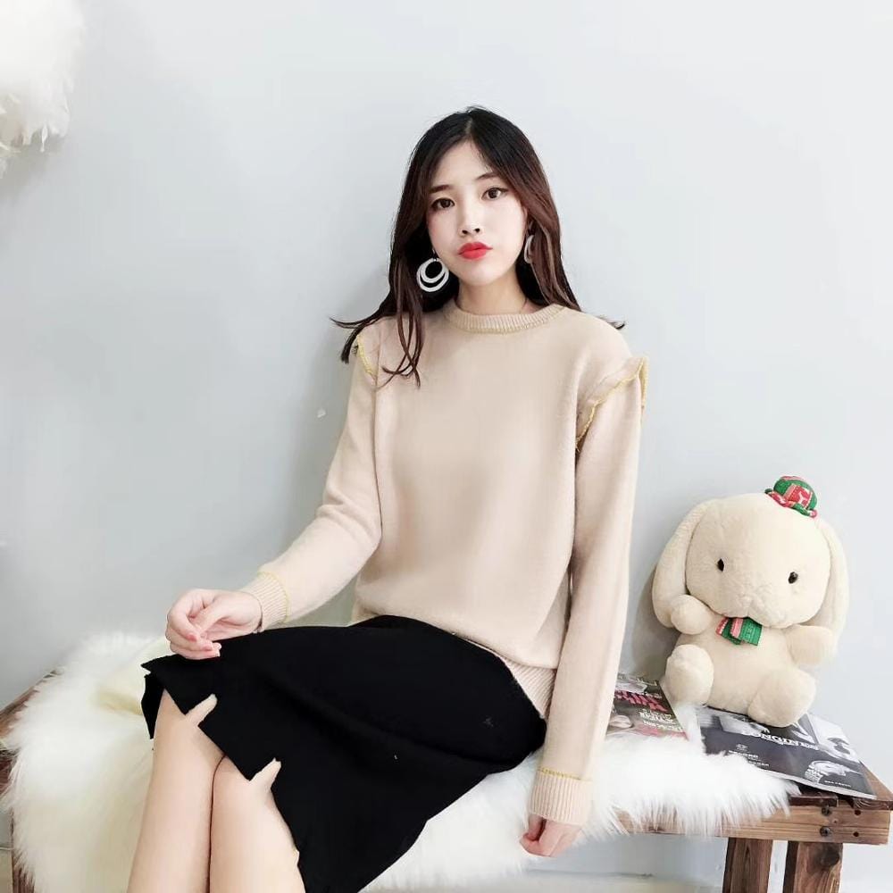 Free / light khaki Fashionable Winter Round Neck Woman Thick Plain Sweater Knitted Pullover Jumper Sweet Lady