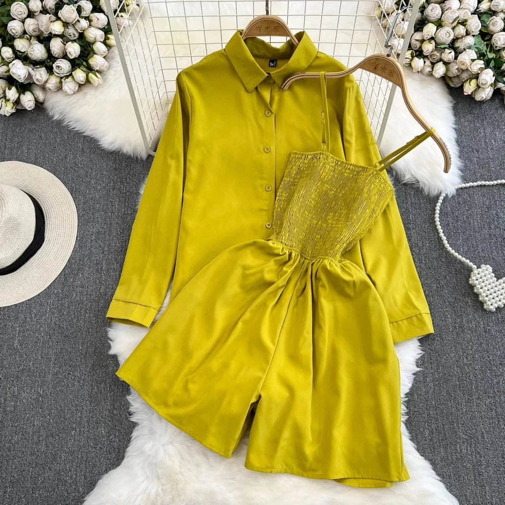 Free / Light yellow 2Pcs Set Woman Lazy Fashion Suit Women'S Summer Niche Design High-Class Loose Sunscreen Shirt+Wide Leg Suspenders Culottes Set