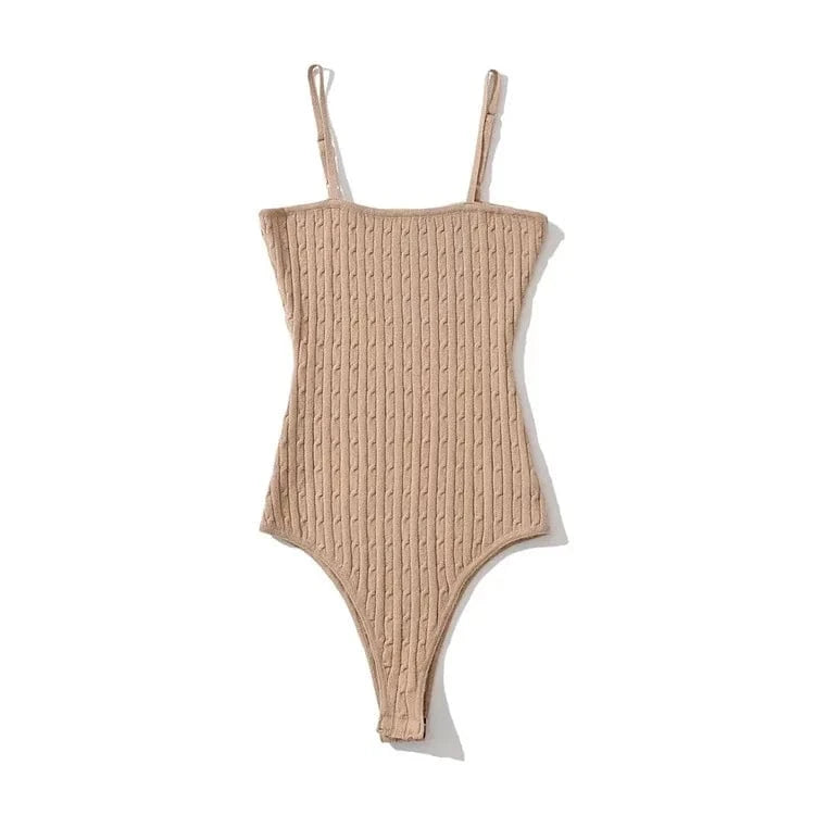 Free / Lively-Khaki Supper Sexy Square Neck Thin Spaghetti Strap Sleeveless Women Twist Knit Ribbed Tight Feel Women Bodysuit