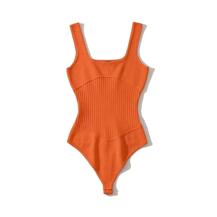Free / Lively-Orange Corset Design Fashion Cotton Ribbed Waist Brown Fitness Tight Feel Sleeveless Square Neck Underwear Women Bodysuit