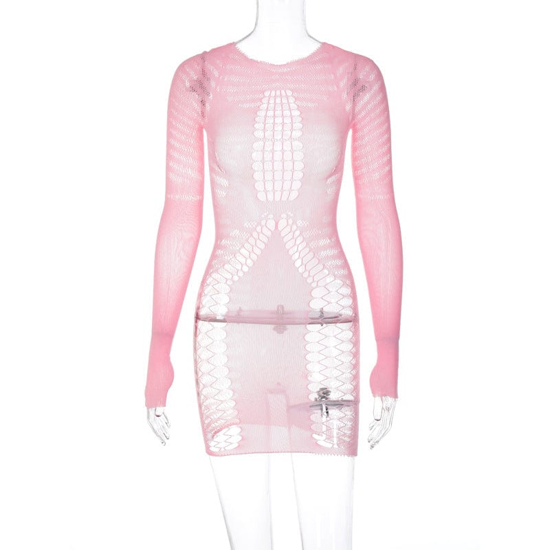 Free / long sleeve New Summer Hip Wrap Dress Hollow out mesh short sleeved long sleeved round neck dress Sexy Dress
