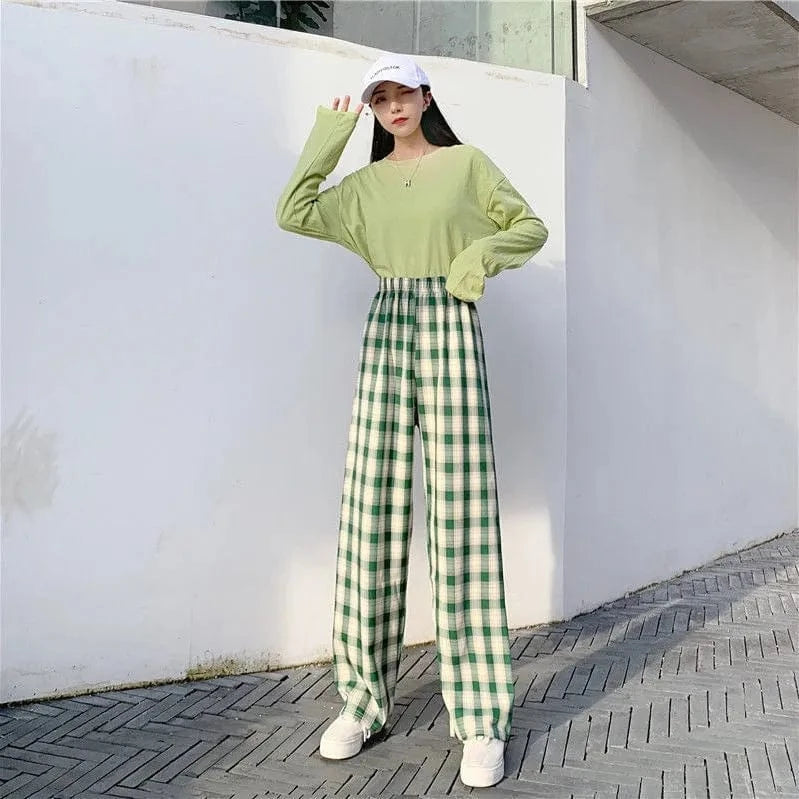 Free / MINT Plaid wide-leg Pants Woman Loose Slim Summer Slim Straight leg Casual High-waisted Plaid Harbor Style Pants