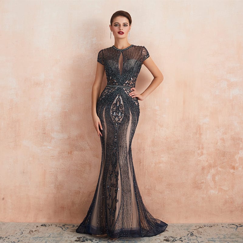 Free / NAVY New Style Breathable Plus Size Short Sleeve O Neck Floor Length Ladies Luxury Sexy Lace Crystal Embroidered Beaded Evening Dress