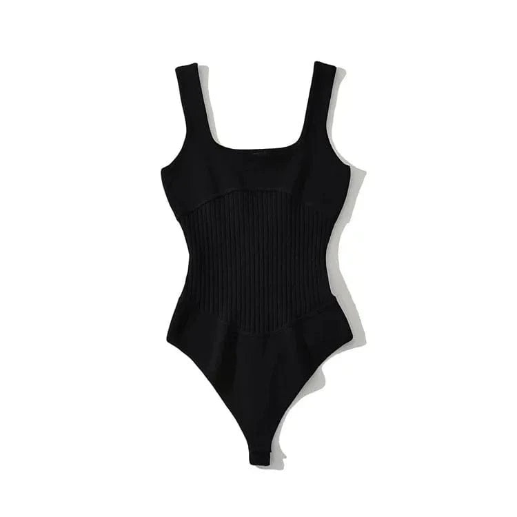Free / Night-Black Corset Design Fashion Cotton Ribbed Waist Brown Fitness Tight Feel Sleeveless Square Neck Underwear Women Bodysuit